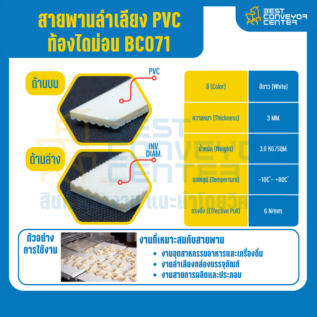สายพานลำเลียง PVC สีขาว หนา 3 mm. 500×6000 mm. (ต่อกลม) : BC071-DM-W500xL6000-W