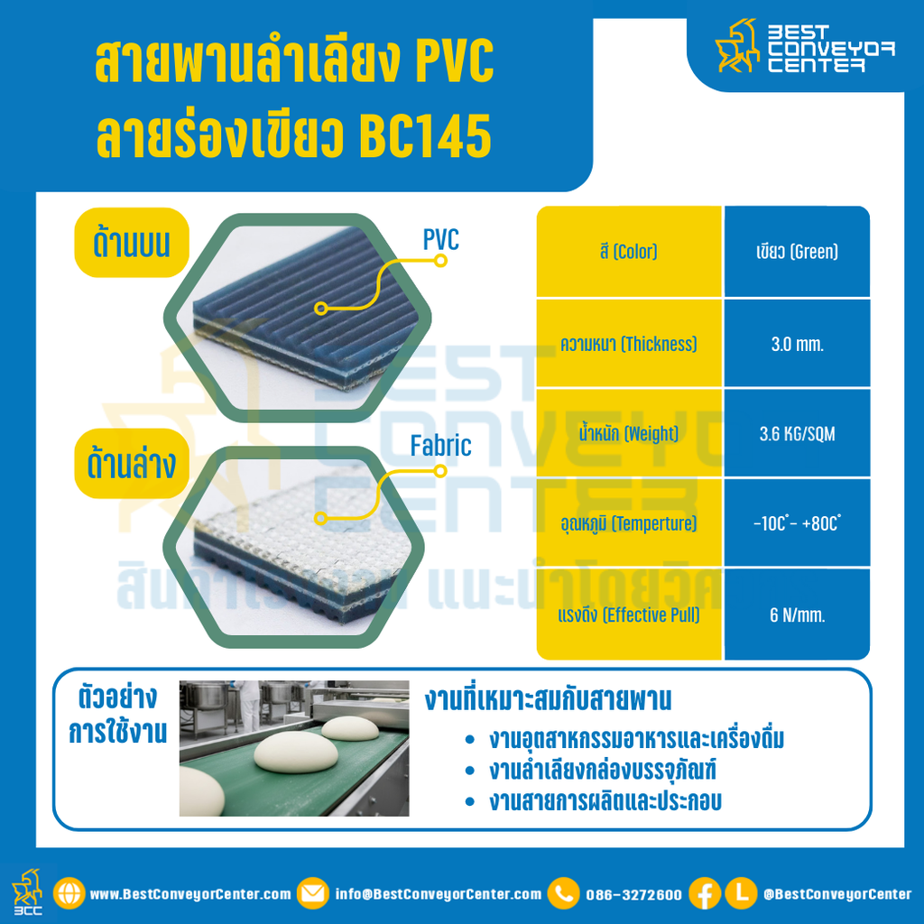 สายพานลำเลียง PVC สีเขียว ลายร่องเขียว หนา 3 mm. 500×2000 mm. (ต่อกลม) : BC0145-W500xL2000-GR