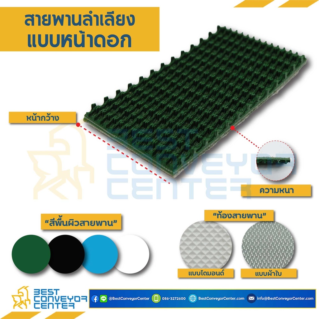 สายพานหน้าดอก PVC สีเขียว หนา 5 mm. กว้าง 145 mm. ยาว 790 mm. ต่อกลม : RT-PVC-5-W145xL790-GR