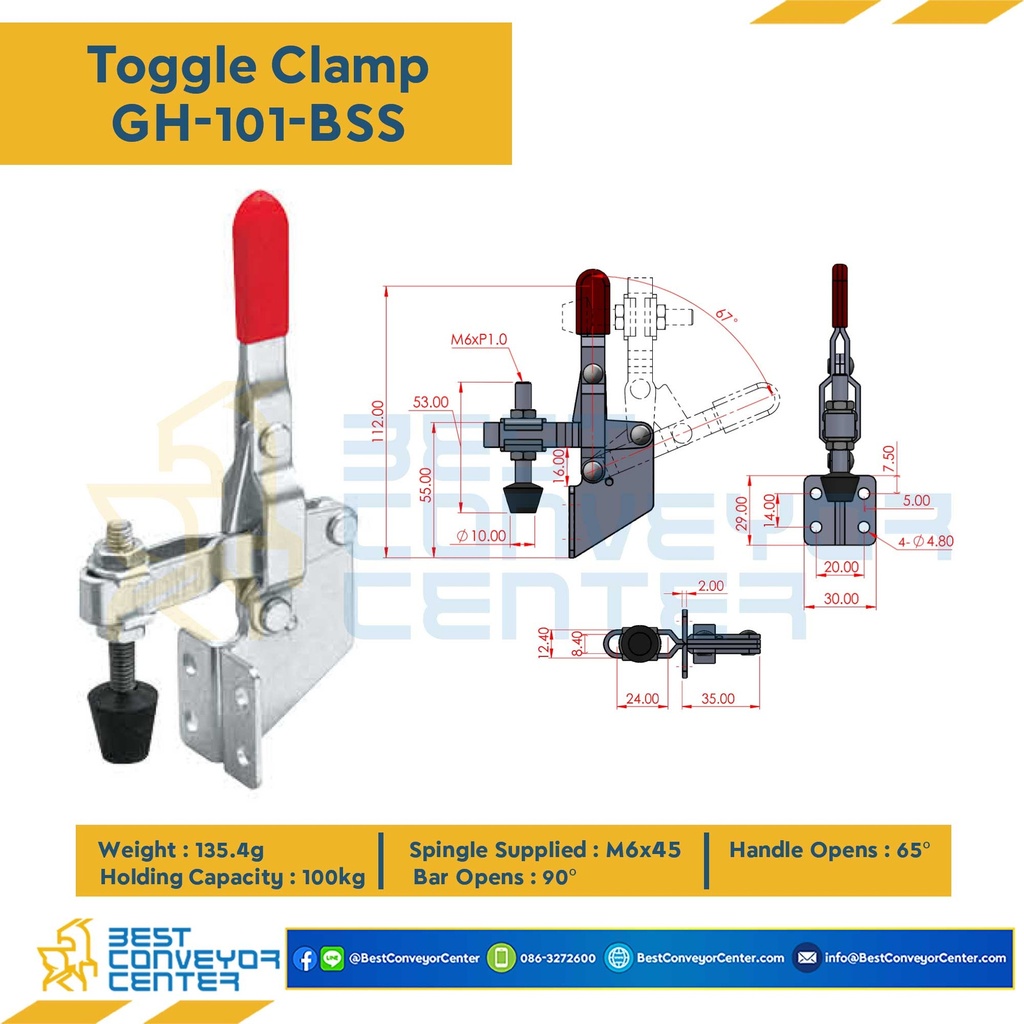 GH-101-BSS : Toggle Clamp แบบกดแนวตั้ง GH-101-BSS.SUS 304 Tumbled Finish
