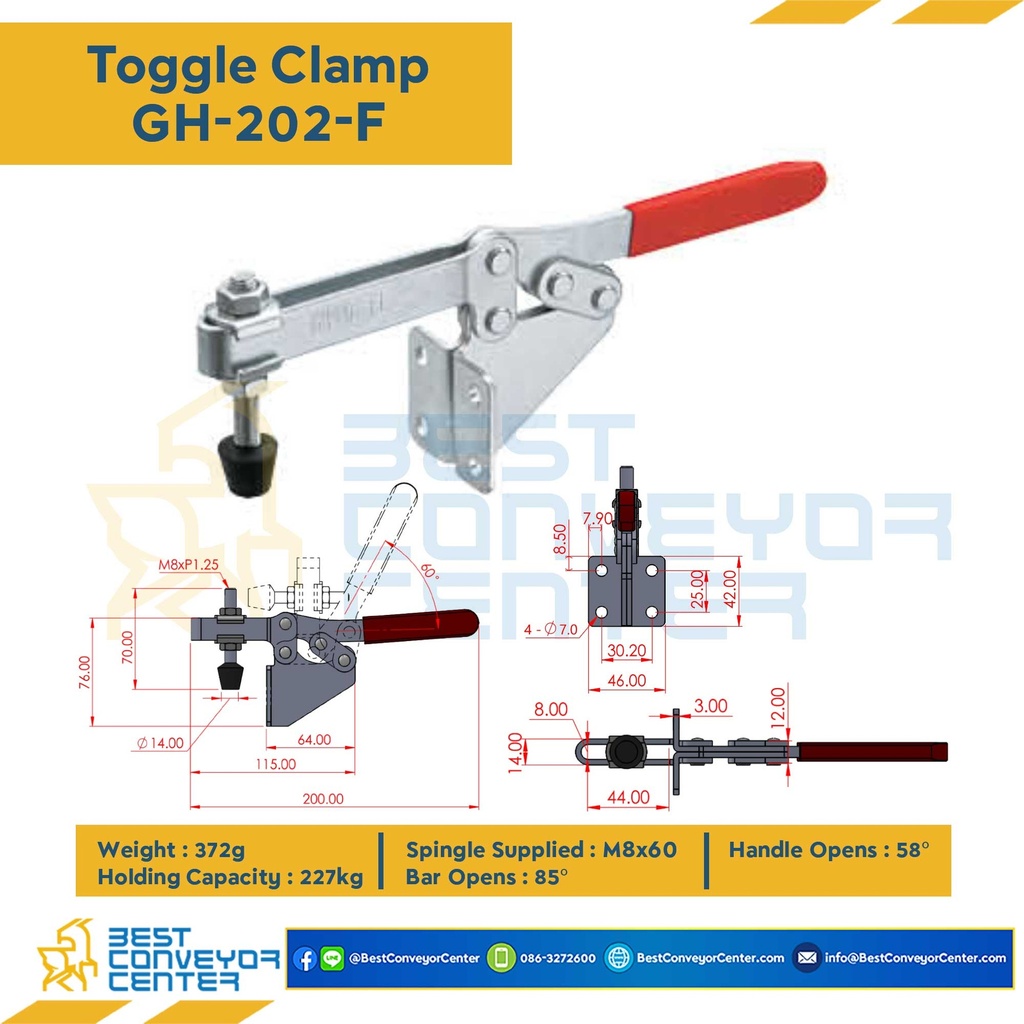 GH-202-F ; Toggle Clamp แบบกดแนวนอน GH-202-F.Mild Steel Zinc Plated