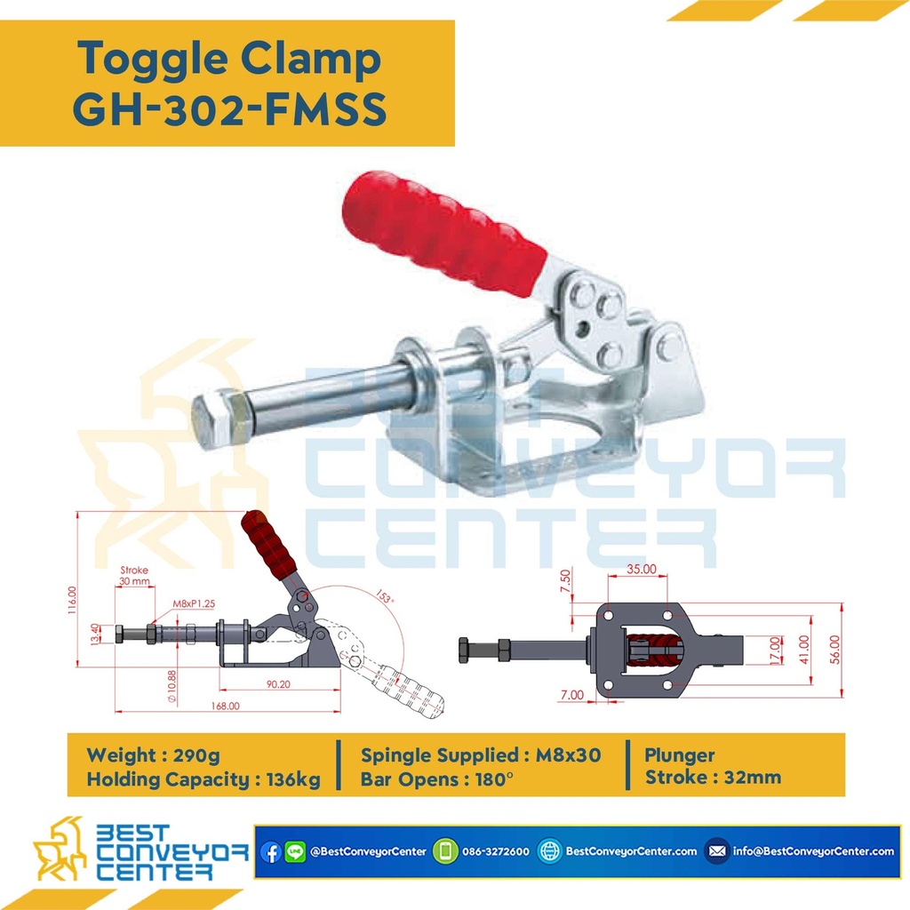 GH-302-FMSS ; Toggle Clamp แบบดัน GH-302-FMSS.SUS 304 Tumbled Finish