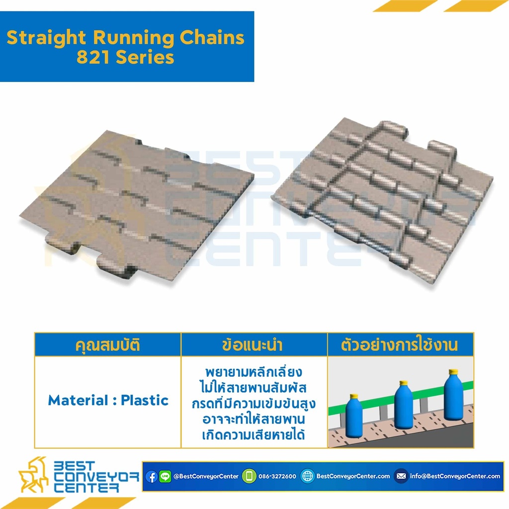 LF821 100 : โซ่พลาสติกทางตรง Table Top Chain LF821 ; 10 นิ้ว.