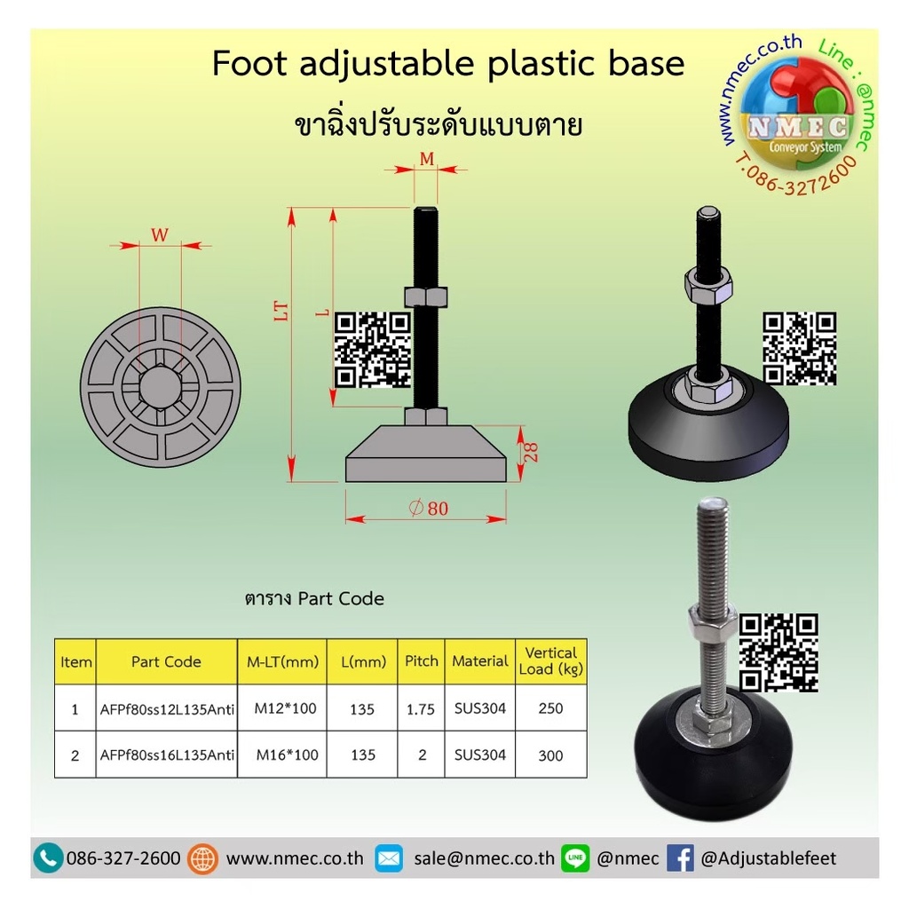AFPf80SS12L135Anti ขาปรับระดับฐานพลาสติกแบบตาย พร้อมยางกันลื่นฐาน 80 mm. M12x100 mm. SUS304