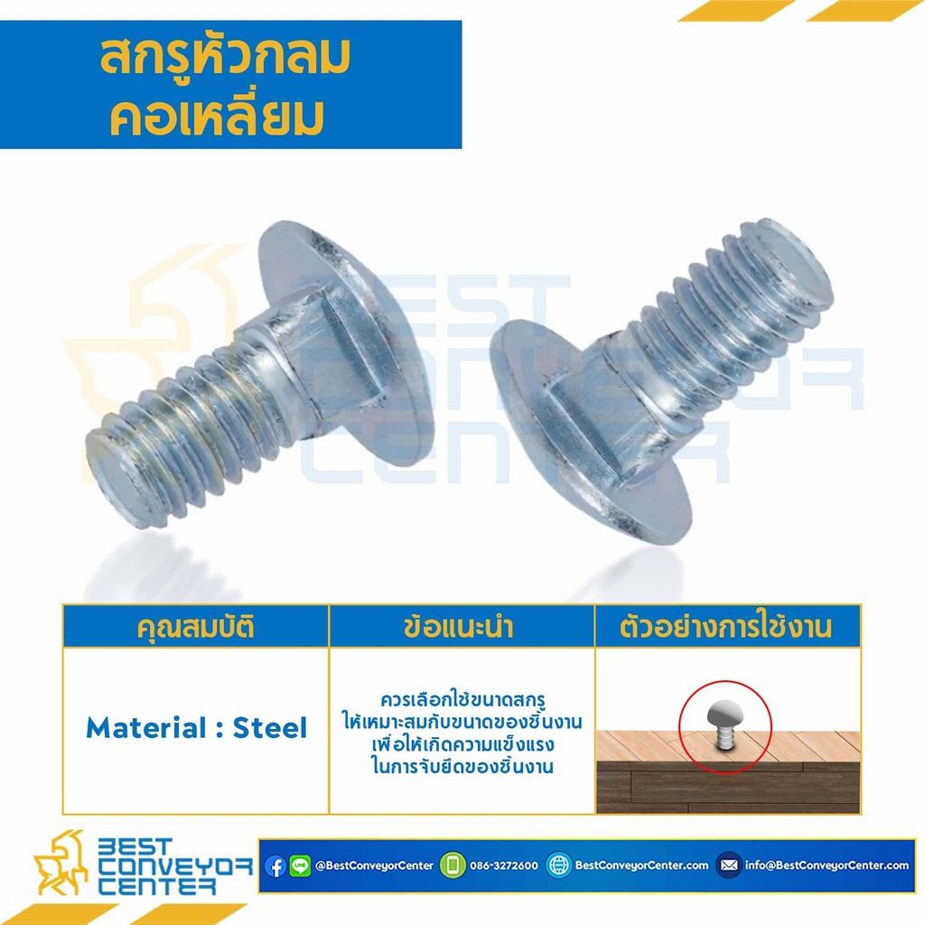 สกรูหัวกลมคอเหลี่ยม ขนาด M8x1.25×40 mm. : HSRS-M8L40
