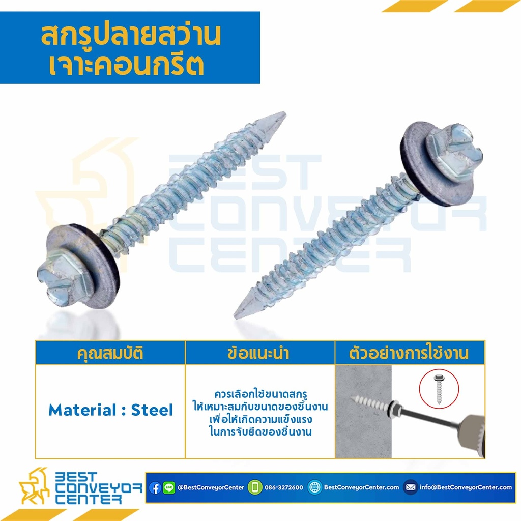 สกรูปลายสว่านเจาะคอนกรีต ชุบขาว ขนาด #13×55 mm. : HSCD#13L50S