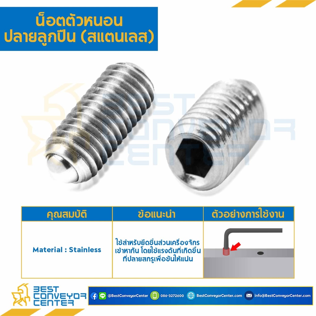 สกรูตัวหนอน M12x20 ปลายลูกปืน สแตนเลส : M12L20SSP