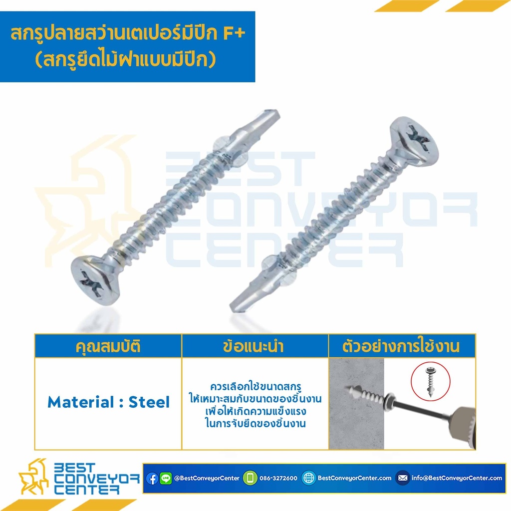 สกรูปลายสว่านเตเปอร์มีปีก F+ ชุบขาว ขนาด #7-19×1″ mm. (27 mm.) : HSWC#7-19L25.4S-27