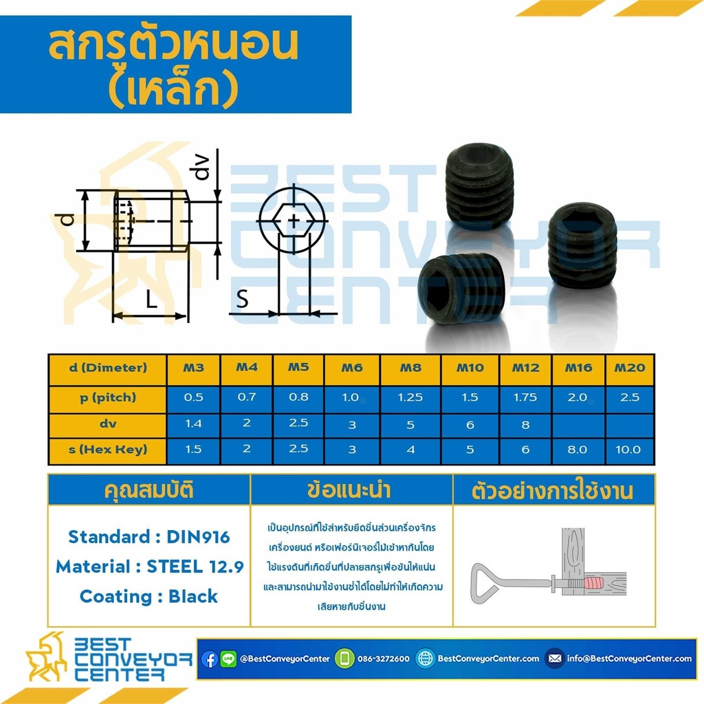 สกรูตัวหนอน M20x55 mm. (Black) : HSS-M20L55B