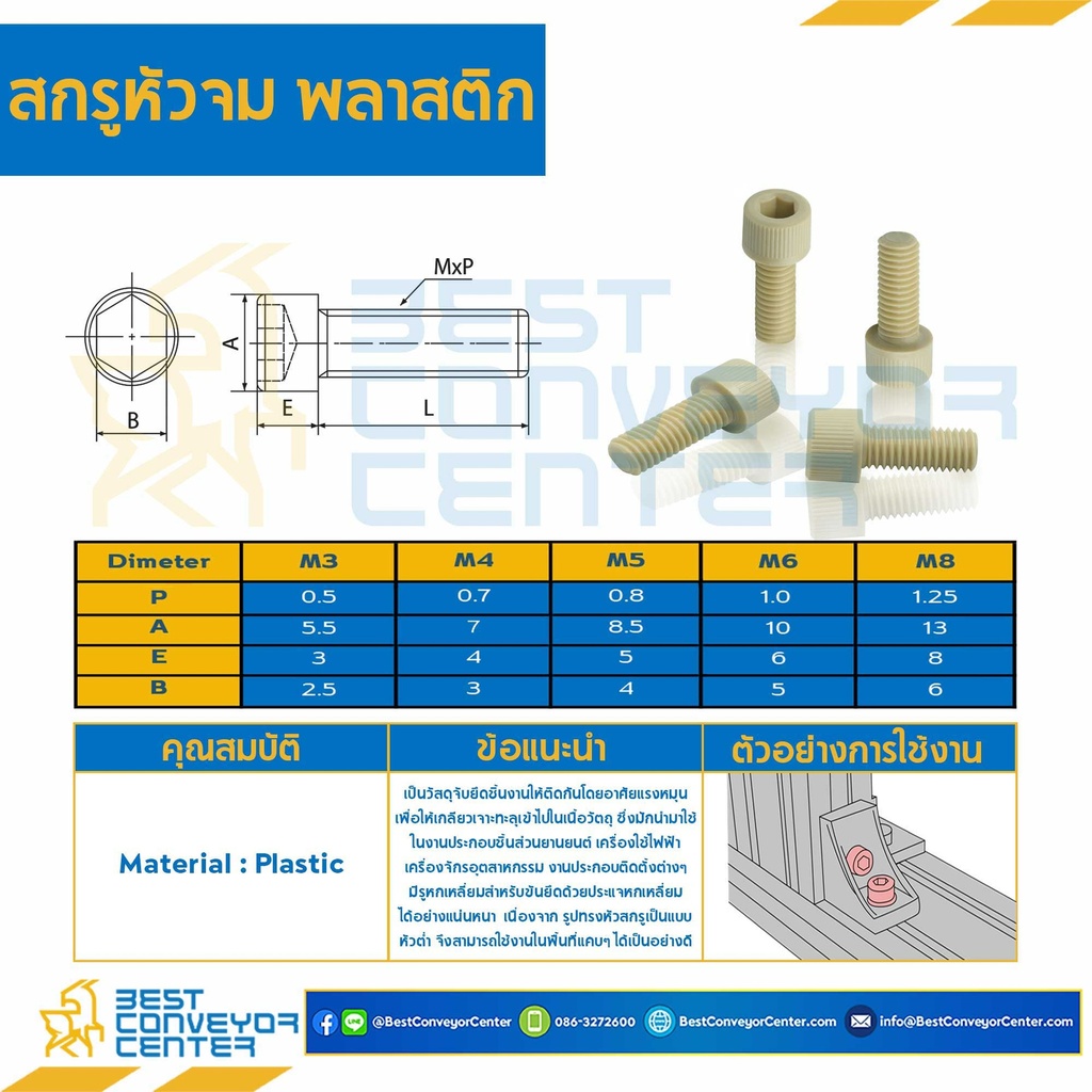 สกรูหัวจม M5x30 mm. เกลียวตลอดพลาสติก : HS-M5L30P