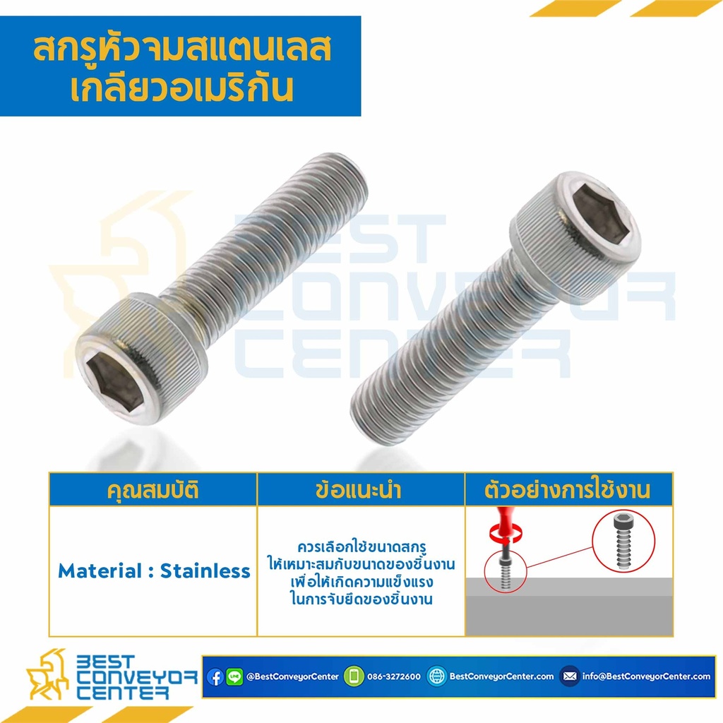 สกรูหัวจมสแตนเลส เกลียวอเมริกัน ขนาด 5/16×1/2 mm. เกลียว 18 UNC : HS-A5/16L1/2SS-UNC