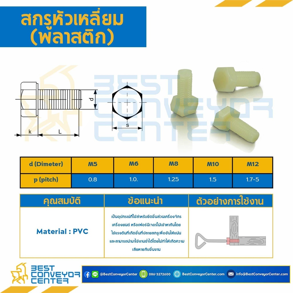 สกรูหัวเหลี่ยม M5x30 mm. เกลียวตลอด พลาสติก : M5L30P
