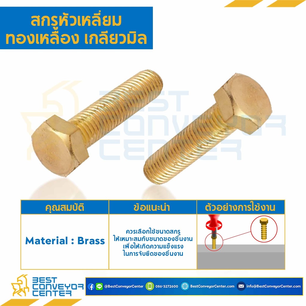 สกรูหัวเหลี่ยมทองเหลือง ขนาด M8x90 mm. : BHS-M8L90