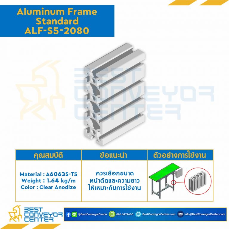 Aluminum Frame 5 Series Slot width 6 20×80 mm. L950 mm. Clear Anodize : ALF-S5-2080-950