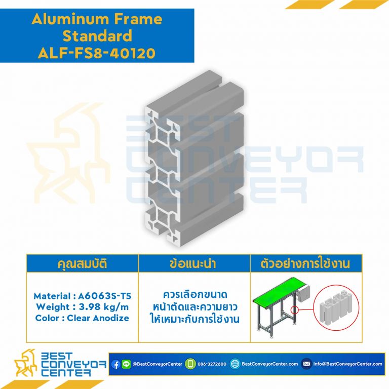 Aluminum Frame 8 Series Slot width 10 40×120 mm. L2700 mm. Clear Anodize : ALF-FS8-40120-2700