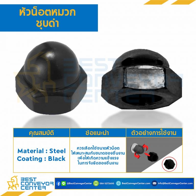 หัวน็อตหมวกชุบดำ ขนาด 1/2″x12G ขอบ 19 สูง 18.5 mm. : CN-1/2-BK